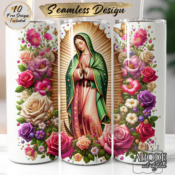 Virgen de Guadalupe Gold 20 oz Skinny Tumbler Sublimation Design Wrap, Digital Download, Seamless Straight Design PNG, Catholic PNG, Florals