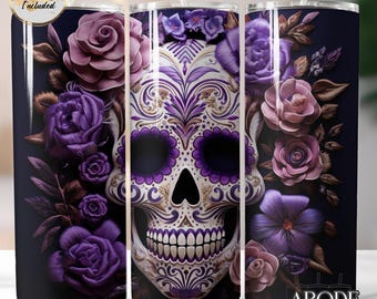 Sugar Skull Purple Flowers Tumbler Sublimation Design (Digital Download)
