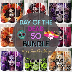 Paquete de 50 días de muertos Diseño de sublimación de vaso flaco de 20 oz, Descarga digital del Día de Los Muertos, Envoltura de vaso recto y cónico PNG