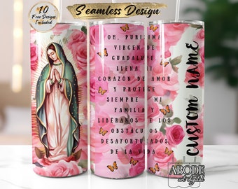 Virgen de Guadalupe Tumbler Wrap: Custom Name, Pink Floral (Digital Download)
