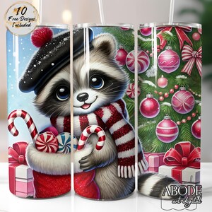 Festive Christmas Raccoon 20oz Skinny Tumbler Wrap, Holiday Tumbler Sublimation Design PNG, Cute Candy Cane & Ornament Digital Download