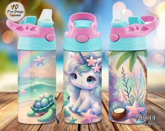 Beach Unicorn & Turtle Tumbler Wrap PNG: Kids Sippy Cup Sublimation (Digital Download)
