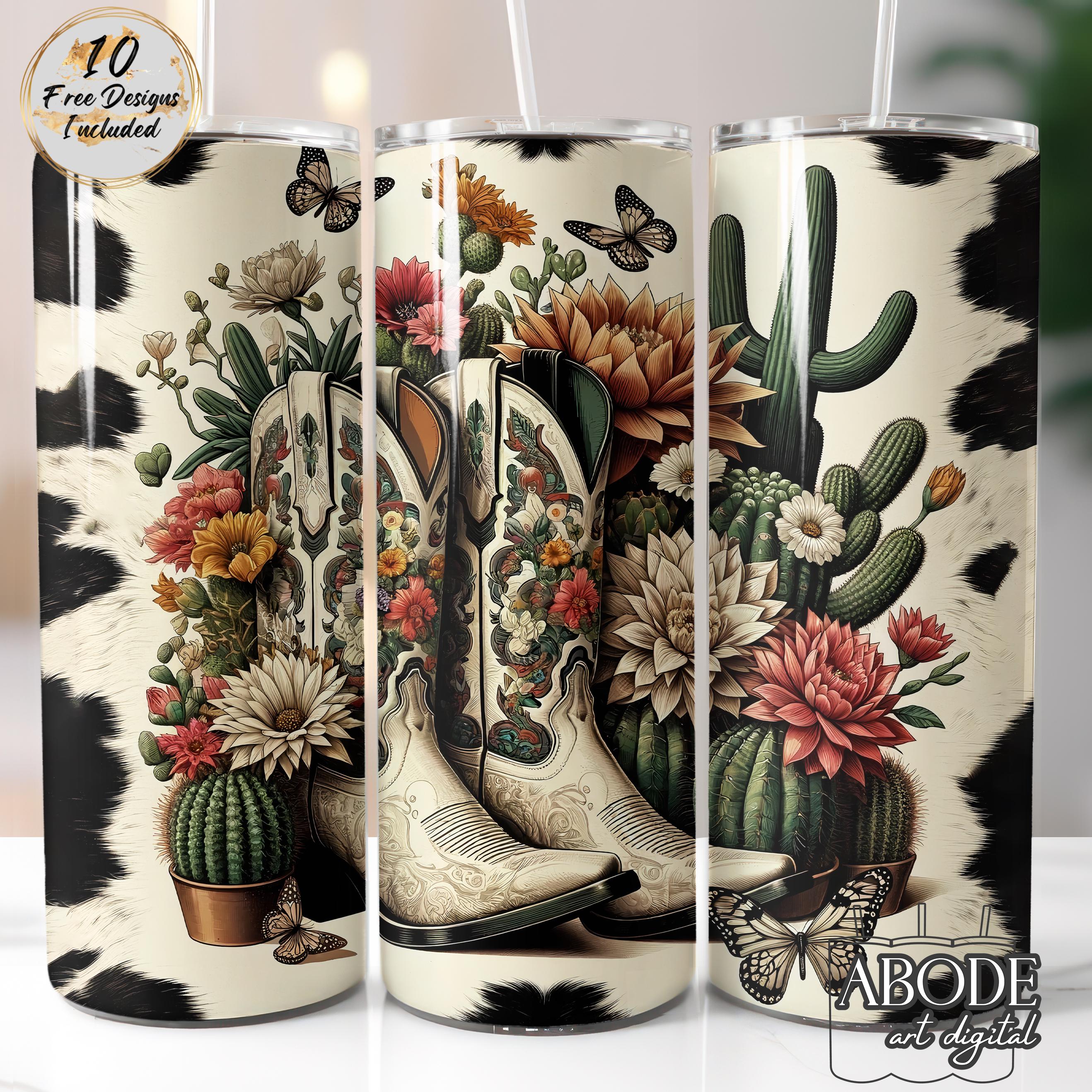 Capa para copo com botas de cowgirl: design floral de cacto ocidental (download digital)