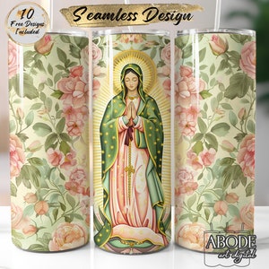Vaso delgado de 20 oz con diseño de sublimación de Virgen de Guadalupe, descarga digital, diseño recto PNG, sin costuras, Virgencita
