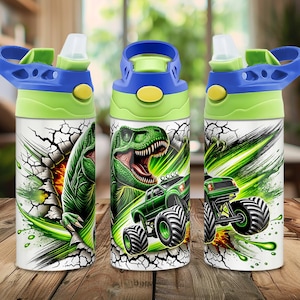 May include: Three water bottles with blue and green lids. The bottles feature a white background with a green dinosaur and monster truck design. The design includes a cracked wall effect and green and black accents.