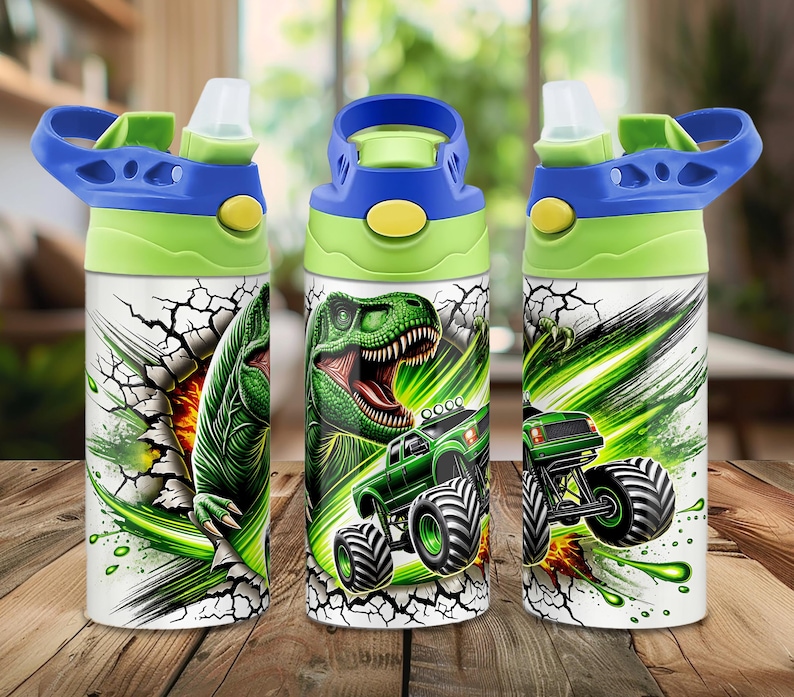 May include: Three water bottles with blue and green lids. The bottles feature a white background with a green dinosaur and monster truck design. The design includes a cracked wall effect and green and black accents.