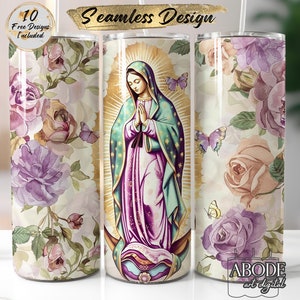 Vaso delgado de 20 oz con diseño de sublimación de flores moradas de la Virgen de Guadalupe, descarga digital, diseño PNG recto, sin costuras, acuarela