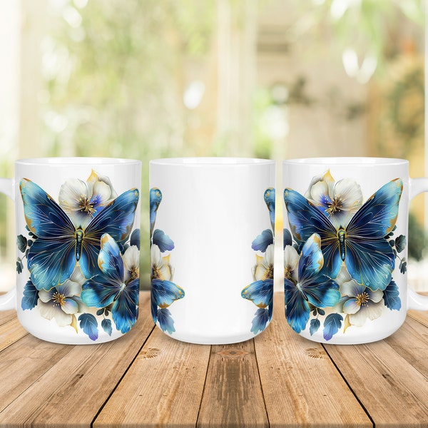 Blue Gold Butterfly 11oz & 15oz Mug Wrap, Coffee Mug Sublimation, Wrap Around Mug PNG Design, Digital Download, Floral