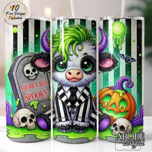 May include: A black and white cow with green hair wearing a black and white striped suit. The cow is sitting on a green background with a tombstone that says "Here Lies Spooky" and a pumpkin with a green face.