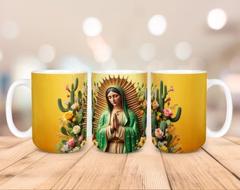 Adesivo para caneca Virgem de Guadalupe: Cactos e Flores por Sublimação (Download Digital)