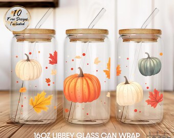 Calabazas y hojas de otoño, envoltura para vaso Libbey de 16 oz, diseño de sublimación para vaso Fall Vibes PNG, envoltura para lata de vidrio PNG, descarga digital, otoño PNG