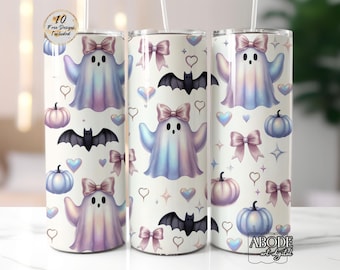 Iridescent Ghost & Bows Tumbler PNG, 20oz Skinny Wrap, Pastel Halloween Sublimation Design, Digital Download
