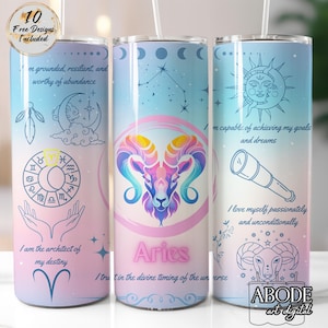 Afirmacja znaku zodiaku Barana 20 oz. chudy kubek, szablon projektu sublimacji prosty projekt cyfrowy do pobrania PNG, pastelowy
