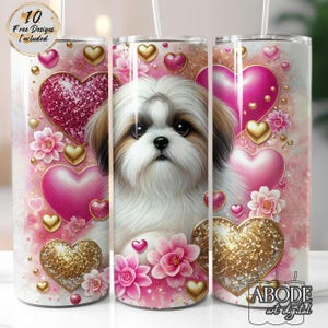 Shih Tzu Dog with Pink and Gold Hearts 20oz Skinny Tumbler Wrap PNG Digital Download, Floral Straight Sublimation Design, Cute Valentine