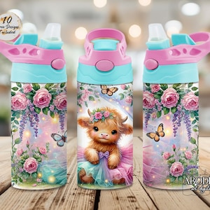 May include: Three water bottles with pink and blue lids. The bottles feature a design of a Highland cow wearing a flower crown and a tutu, surrounded by roses, butterflies, and wisteria. The text "10 Free Designs Included" is on the top left.