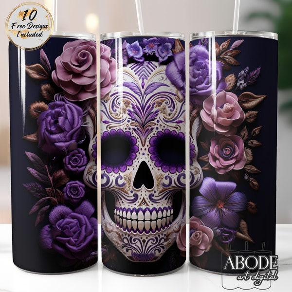 Embroidered Sugar Skull Purple Flowers 20 oz Skinny Tumbler Sublimation Design PNG, Digital Download, Straight & Tapered Tumbler, Halloween