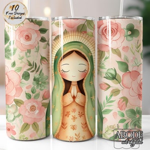 Vaso delgado de 20 oz con diseño floral de la Virgen de Guadalupe, diseño de sublimación, descarga digital, diseño recto PNG