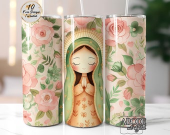 Virgen de Guadalupe Tumbler Sublimation Design: Floral 20 oz Skinny Wrap (Digital Download)