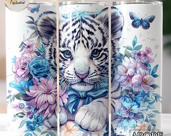 Design de sublimação para copo de 20 onças com tigre branco floral (download digital)