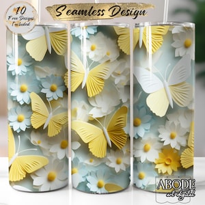 Butterfly Tumbler Sublimation Design: Yellow & White Floral Wrap (Digital Download)