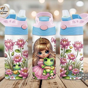 May include: A set of three water bottles with a white base, blue and pink lids. The bottles feature a princess design with a frog, lotus flowers, and the text "10 Free Designs Included".