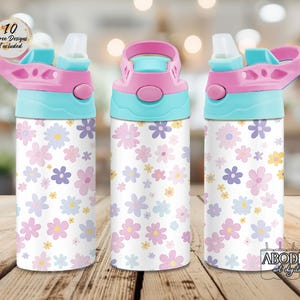 May include: Three water bottles with a floral pattern. The bottles have a white background with pink, purple, and yellow flowers. The lids are pink and turquoise. The image includes the text "10 Free Designs Included".