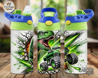 Monster Truck Dinosaur 12oz Tumbler Wrap: Kids Sublimation Design (Digital Download PNG)