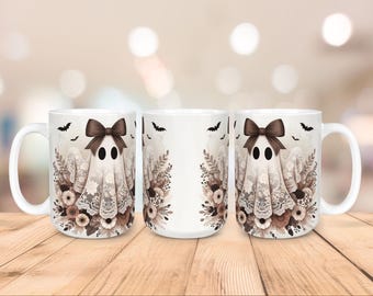 Vintage Lace Ghost Mug Wrap PNG: Halloween Coffee Cup Sublimation Design (Digital Download PNG)