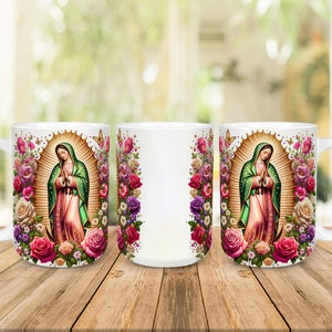 Envoltura para taza con diseño floral de la Virgen de Guadalupe, diseño de taza, sublimación de 11 oz y 15 oz, descarga digital PNG, católica, Virgen María