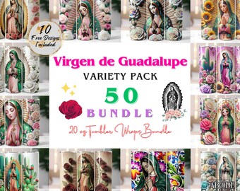 Pacchetto da 50 bicchieri Virgen de Guadalupe, design a sublimazione per bicchiere dritto magro da 20 oz, pacchetto di varietà, download digitale, PNG avvolgimento dritto