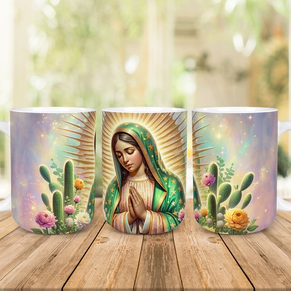 Virgen de Guadalupe Cactus Mug Wrap, Wrap Around Mug Design, 11oz & 15oz Sublimation, Digital Download PNG