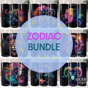 Zestaw do pakowania kubków z napisem Zodiac, 20 oz Skinny Sublimation PNG, wzory znaków astrologicznych, pobieranie cyfrowe kubków, stożkowe i proste PNG