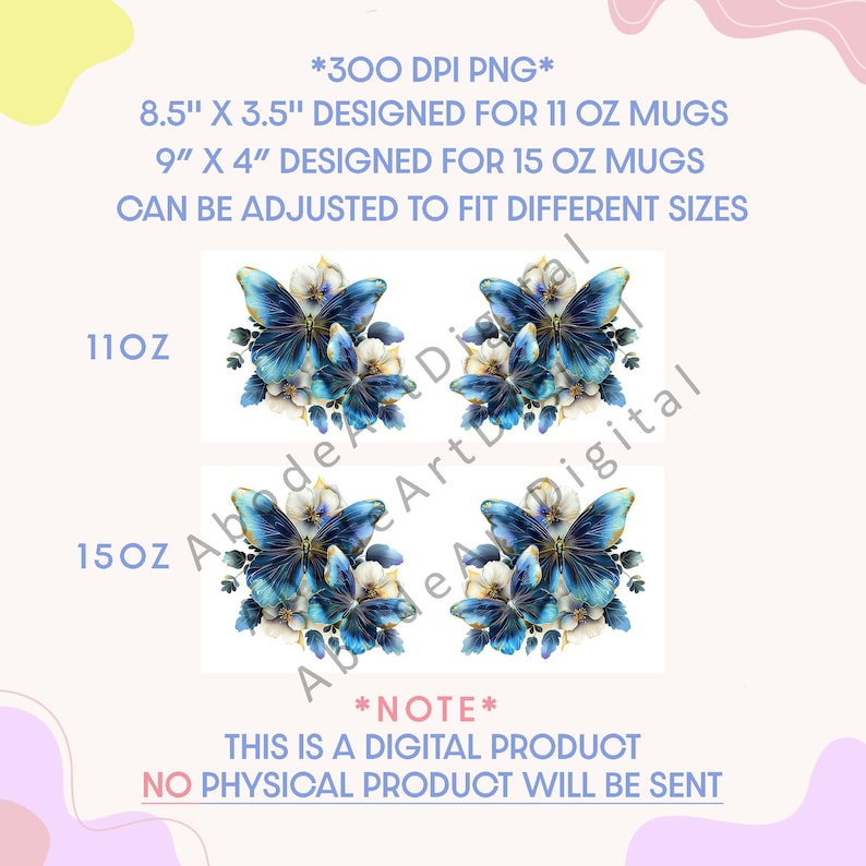 Pu&ograve; includere: Design digitale per tazze da 11 e 15 oz, con farfalle blu e fiori bianchi. Il testo dell'immagine dice "*300 DPI PNG*" e "QUESTO &Egrave; UN PRODOTTO DIGITALE NESSUN PRODOTTO FISICO VERR&Agrave; INVIATO."