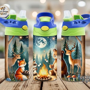 May include: Three water bottles with a camping theme. Each bottle has a blue and green lid and a design featuring forest animals, a campfire, and a full moon. The text "10 Free Designs Included" is on one bottle.