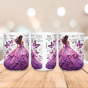 Caneca de Afirmação Positiva, Quinceañera, Design de Caneca Envolvente, Sublimação de 11oz e 15oz, Download Digital PNG, Roxo
