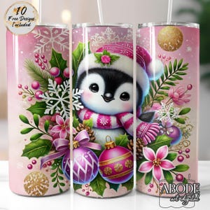 Penguin Christmas Tumbler Wrap, 20oz Skinny Straight PNG, Digital Download Sublimation, Pink Holiday Ornaments Winter Design