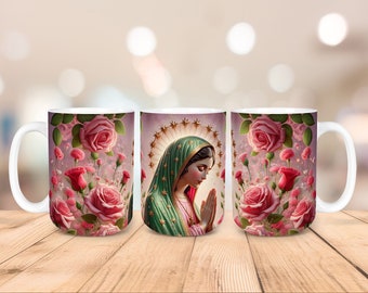Virgen de Guadalupe Mug Wrap: Pink Floral Sublimation Design (Digital Download)