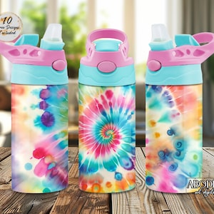 May include: Three water bottles with a colorful tie-dye design. The bottles have a light blue base, pink lid, and a white spout. The tie-dye pattern includes shades of pink, blue, yellow, and purple. The bottles are on a wooden surface.