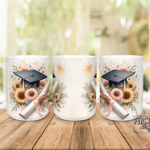 Taza de graduación con diseño de girasol, sublimación PNG, 11 oz y 15 oz, descarga digital, diseño floral para diploma de birrete, regalo imprimible para graduados.