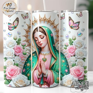 Envoltorio para vaso con rosas de la Virgen de Guadalupe, diseño de sublimación recta y delgada de 20 oz, descarga digital instantánea PNG, Virgen de Guadalupe, Shimmer