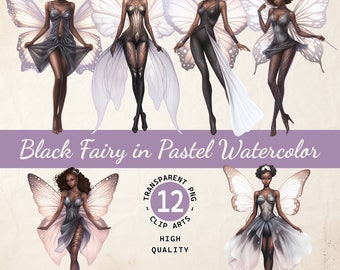 Czarna ilustracja wróżki, pastelowe akwarele, przezroczyste PNG, pobieranie cyfrowe, karta zaproszeniowa i album, wykorzystanie komercyjne