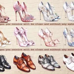 May include: A watercolour illustration featuring several pairs of shoes. The image includes high heels in pink, white, and beige, decorated with floral and bow details. Also shown are black, brown, grey, and white dress shoes.