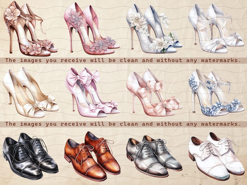 May include: A watercolour illustration featuring several pairs of shoes. The image includes high heels in pink, white, and beige, decorated with floral and bow details. Also shown are black, brown, grey, and white dress shoes.