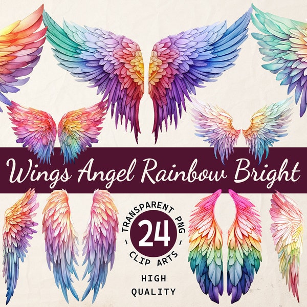 Angel Wings Watercolor, Clipart Bundle, Vibrant Rainbow Wings, Transparent PNG, Digital Download, Scrapbook Card Invitation, Commercial Use