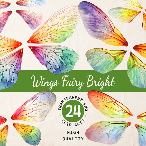 Fairy Wings Watercolor, Clipart Bundle, Vibrant Rainbow Wings, Transparent PNG, Digital Download, Scrapbook Invitation, Commercial Use