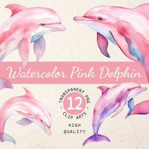 Watercolor Pink Dolphins, Collection Clipart, Commercial Use, Instant Download, Transparent Background, Scrapbook Printables