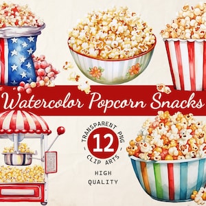 Watercolor Popcorn Snacks, Clipart Collection, Transparent PNG, Digital Download, Scrapbook, Commercial Use