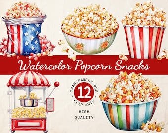 Przekąski Popcorn Akwarela, Kolekcja Clipartów, Przezroczyste PNG, Pobieranie Cyfrowe, Album, Wykorzystanie Komercyjne