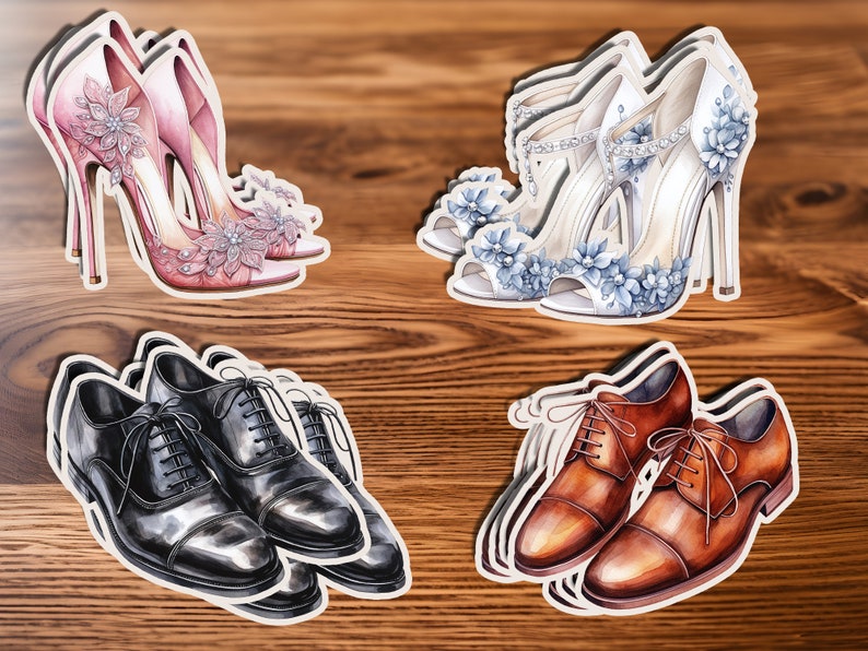May include: Watercolour illustrations of footwear, including high heels with floral embellishments in pink and white, and oxfords in black and brown. The shoes are arranged on a wooden surface.