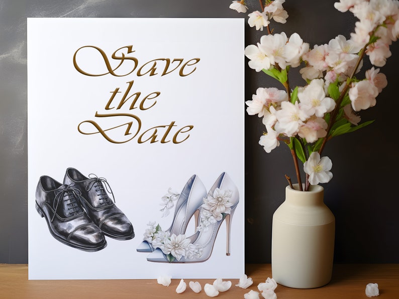 May include: A wedding invitation card with the words "Save the Date" in gold script. The card features illustrations of black dress shoes and white high heels adorned with flowers. A vase of white flowers is to the right.